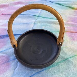 Paddy McNeely Studio Pottery Bowl Wood Handles Signed Matte Black Ceramic